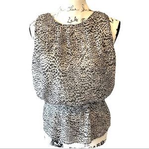 Ann Taylor Loft Black White Print Blouson Peplum Blouse Top sz MP Medium Petite